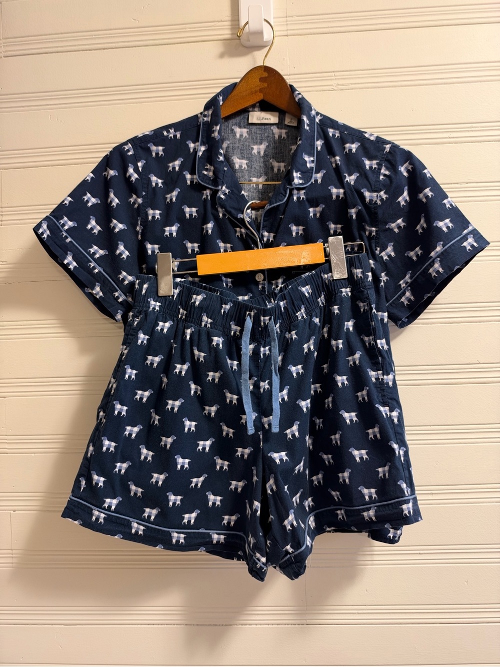 L.L.Bean Navy Plaid Dog Print Short Sleeve Pajama Shorts Set Small